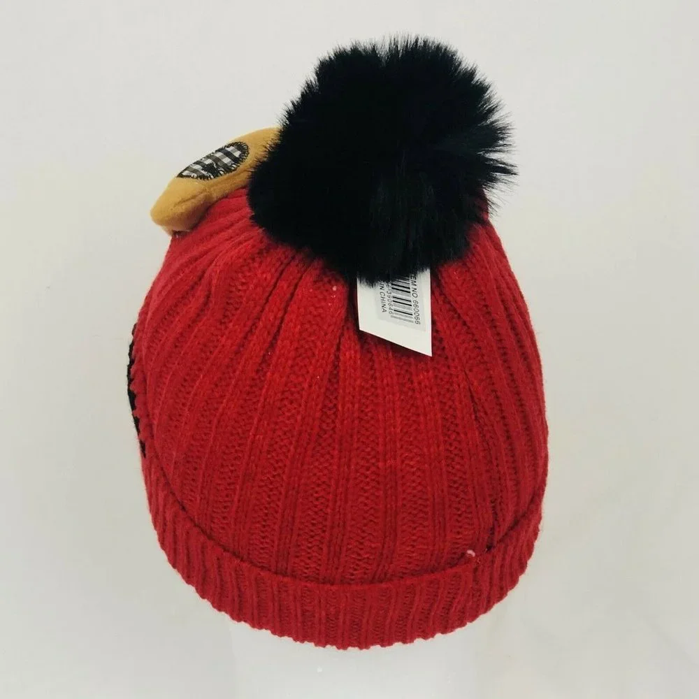 Kids Knit Beanie Pom Fleece Lining Plush‎ On Front-